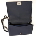 CHL -  NAVY BOUCLE TWEED DECHAINED CHAIN BOY FLAP BAG
