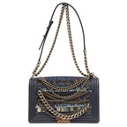 CHL -  NAVY BOUCLE TWEED DECHAINED CHAIN BOY FLAP BAG