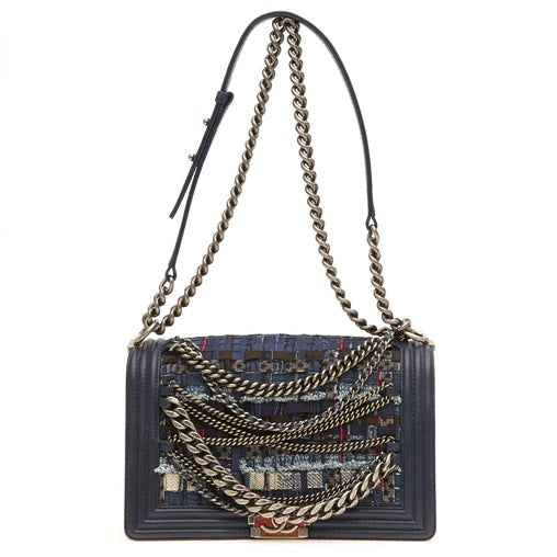 CHL -  NAVY BOUCLE TWEED DECHAINED CHAIN BOY FLAP BAG