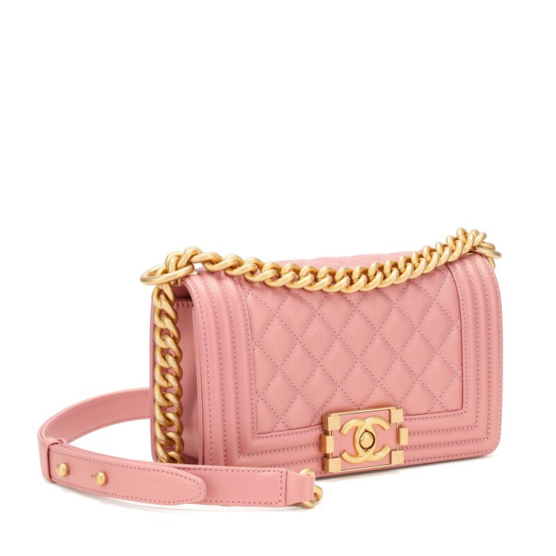 CHL -  QUILTED METALLIC PINK CALFSKIN SMALL BOY FLAP BAG