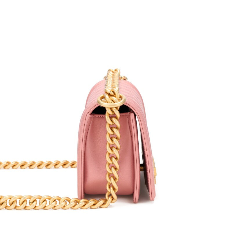 CHL -  QUILTED METALLIC PINK CALFSKIN SMALL BOY FLAP BAG