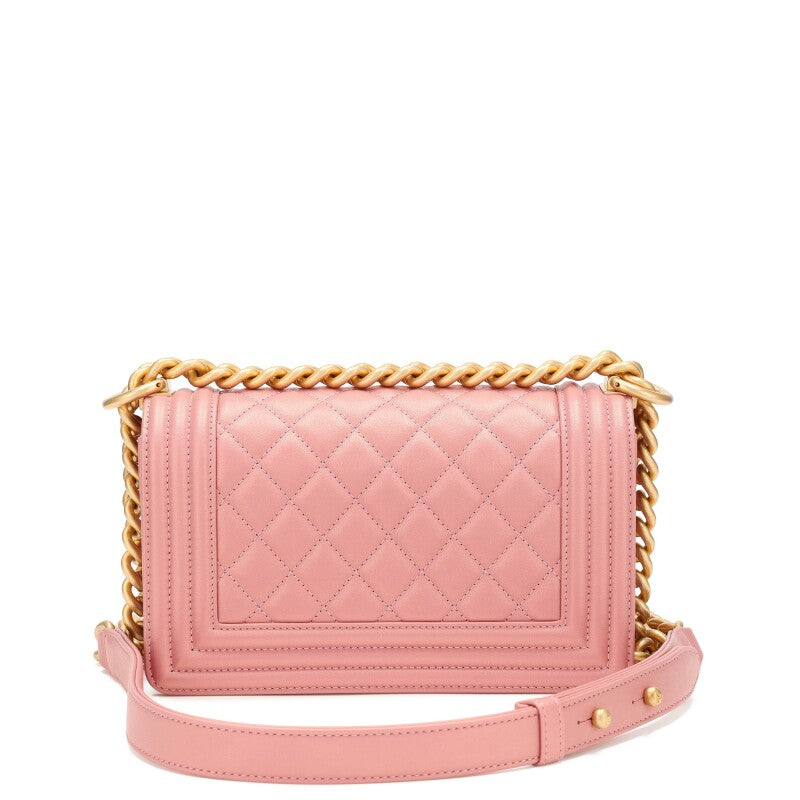 CHL -  QUILTED METALLIC PINK CALFSKIN SMALL BOY FLAP BAG