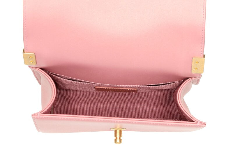 CHL -  QUILTED METALLIC PINK CALFSKIN SMALL BOY FLAP BAG