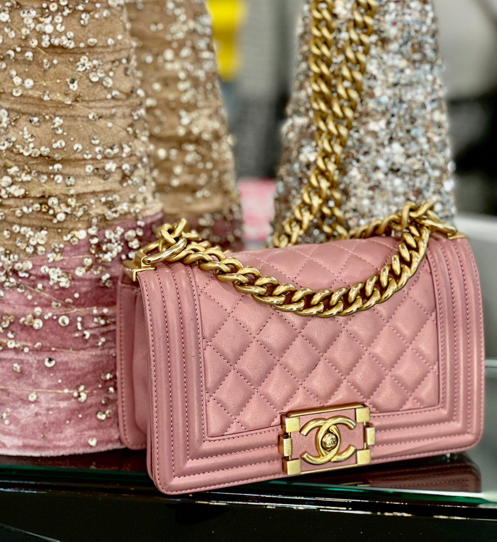 CHL -  QUILTED METALLIC PINK CALFSKIN SMALL BOY FLAP BAG