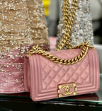 CHL -  QUILTED METALLIC PINK CALFSKIN SMALL BOY FLAP BAG