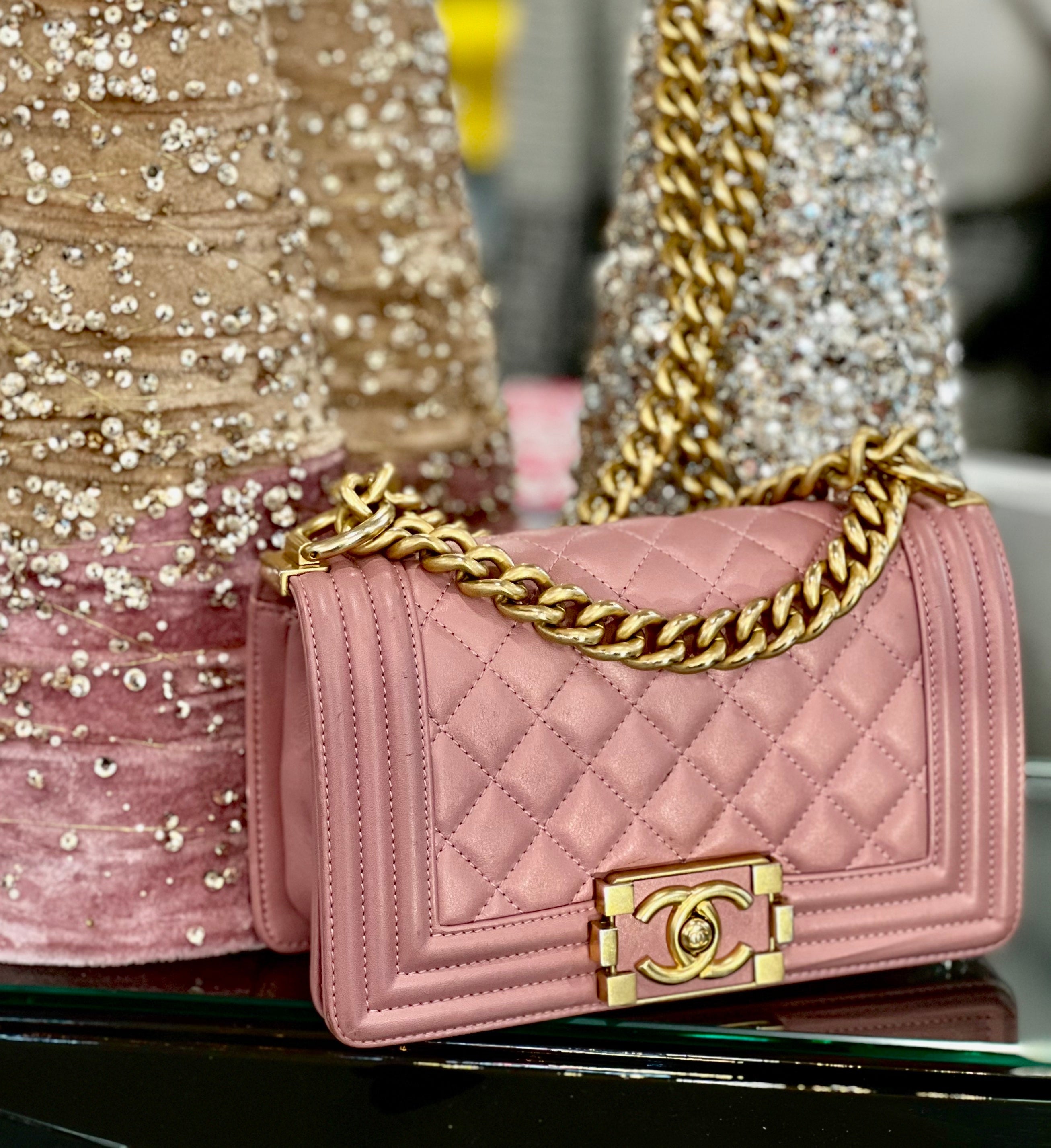 CHL -  QUILTED METALLIC PINK CALFSKIN SMALL BOY FLAP BAG