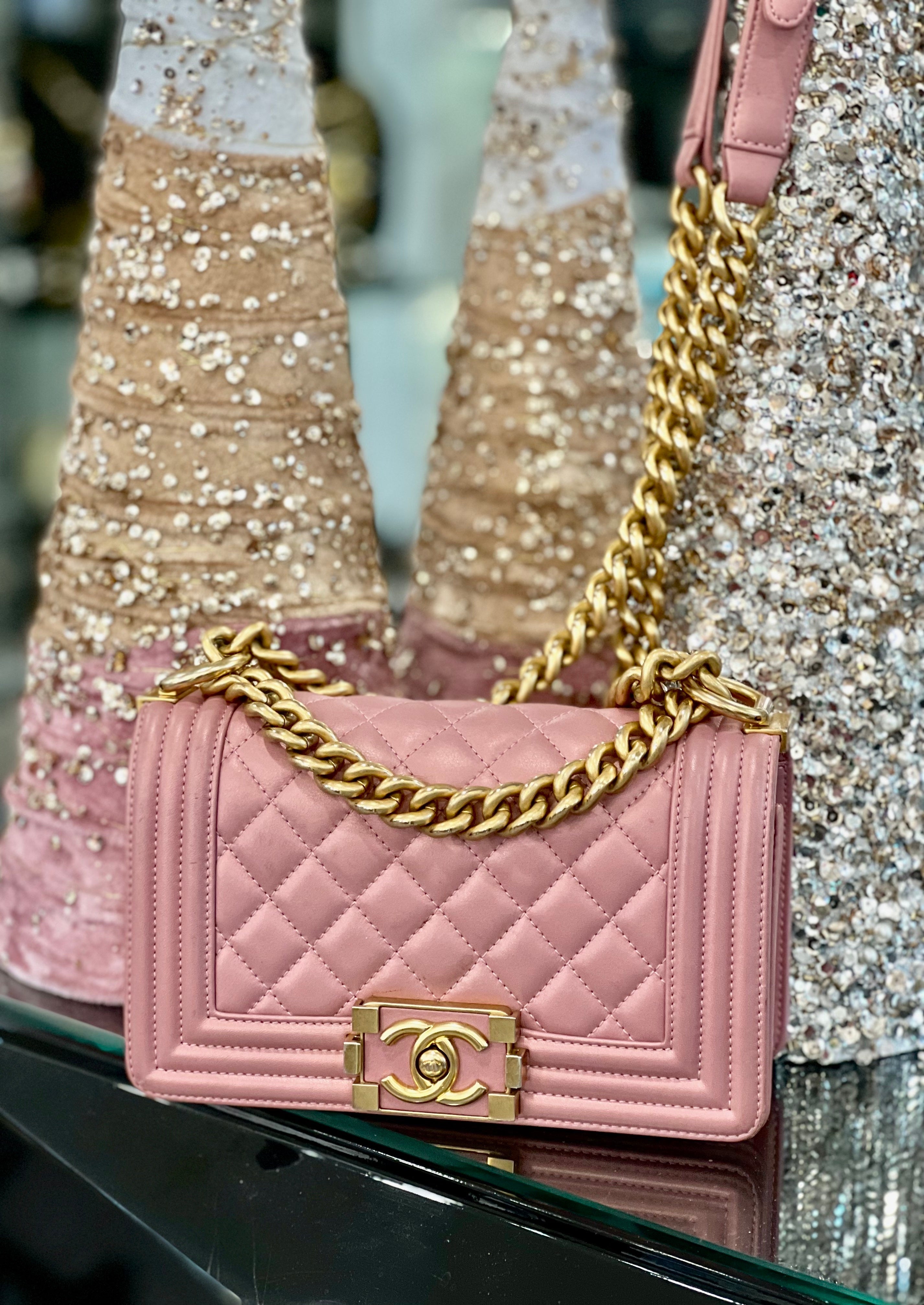 CHL -  QUILTED METALLIC PINK CALFSKIN SMALL BOY FLAP BAG