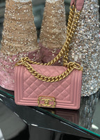 CHL -  QUILTED METALLIC PINK CALFSKIN SMALL BOY FLAP BAG