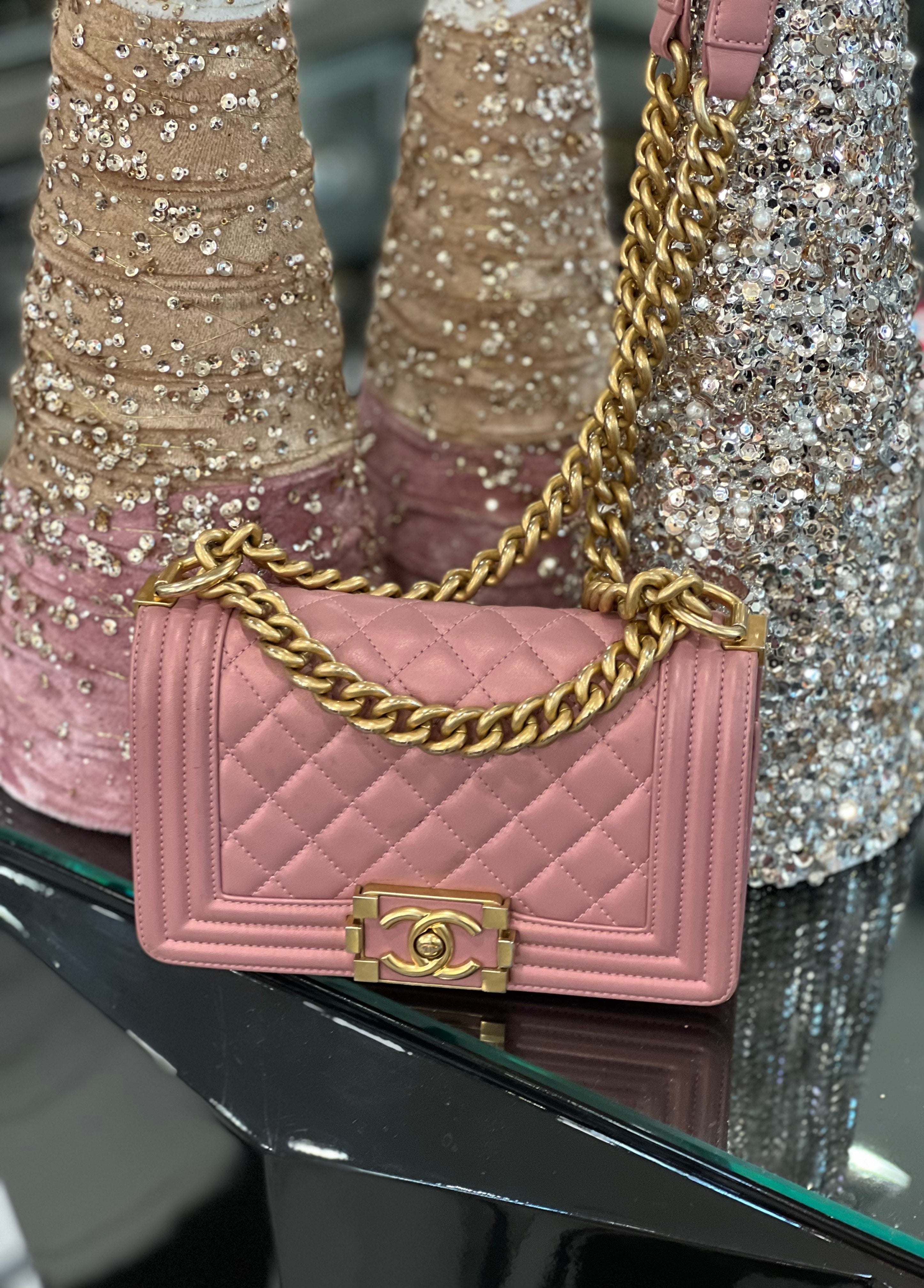 CHL -  QUILTED METALLIC PINK CALFSKIN SMALL BOY FLAP BAG