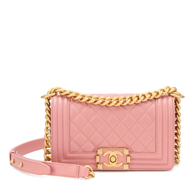CHL -  QUILTED METALLIC PINK CALFSKIN SMALL BOY FLAP BAG