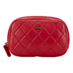 CHNL -  Lambskin Quilted Small Curvy Pouch Cosmetic Case Pouch Red