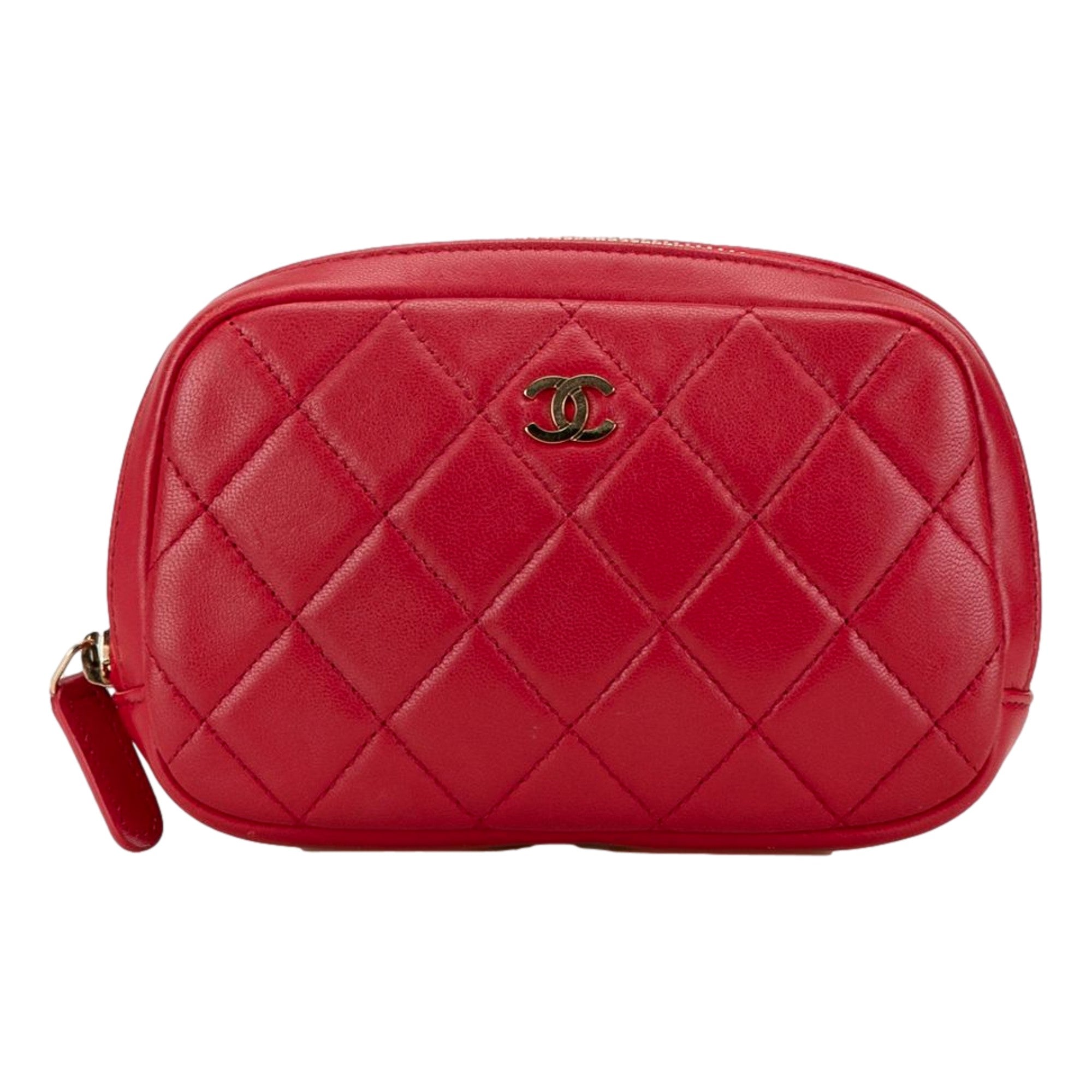 CHNL -  Lambskin Quilted Small Curvy Pouch Cosmetic Case Pouch Red