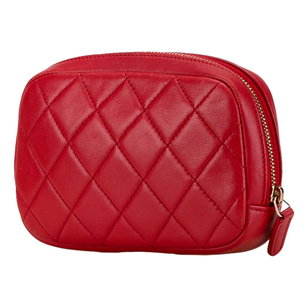 CHNL -  Lambskin Quilted Small Curvy Pouch Cosmetic Case Pouch Red