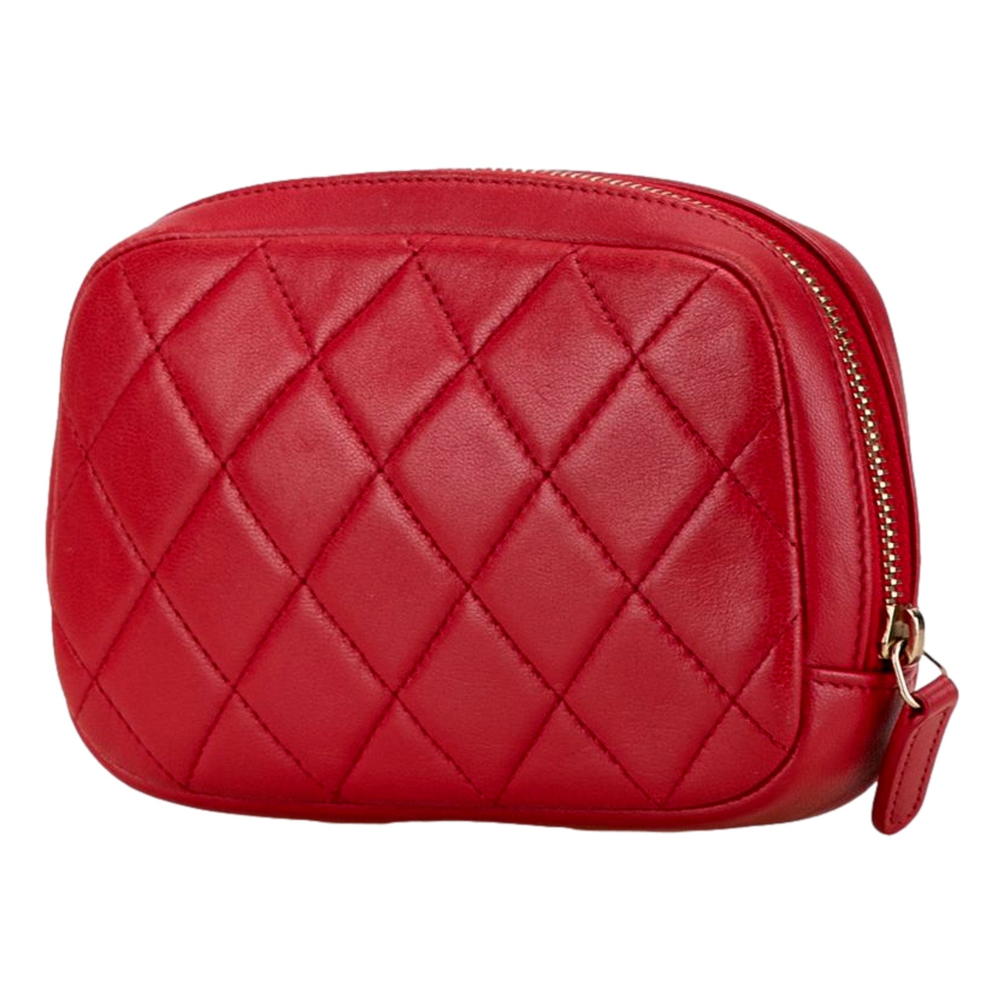 CHNL -  Lambskin Quilted Small Curvy Pouch Cosmetic Case Pouch Red