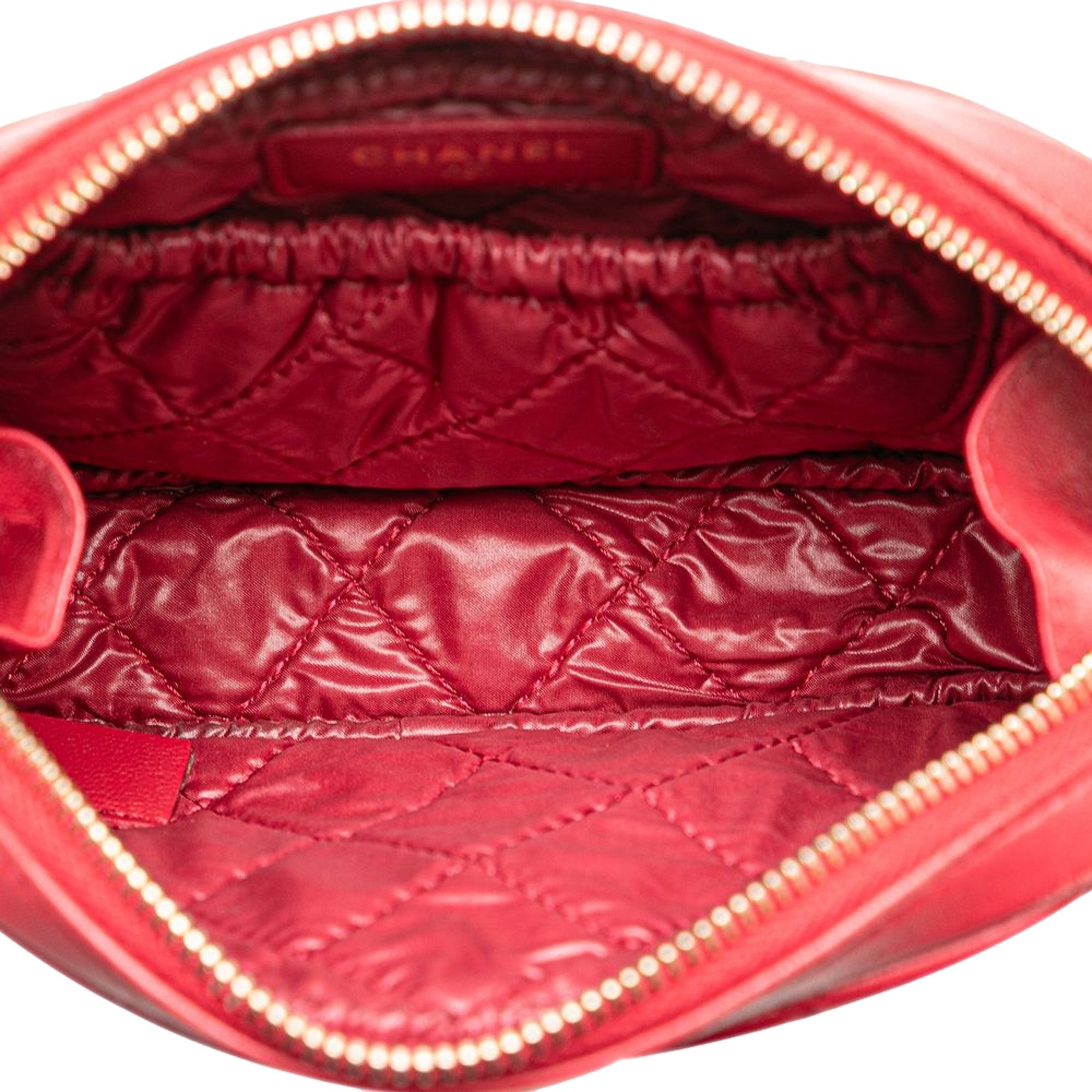 CHNL -  Lambskin Quilted Small Curvy Pouch Cosmetic Case Pouch Red