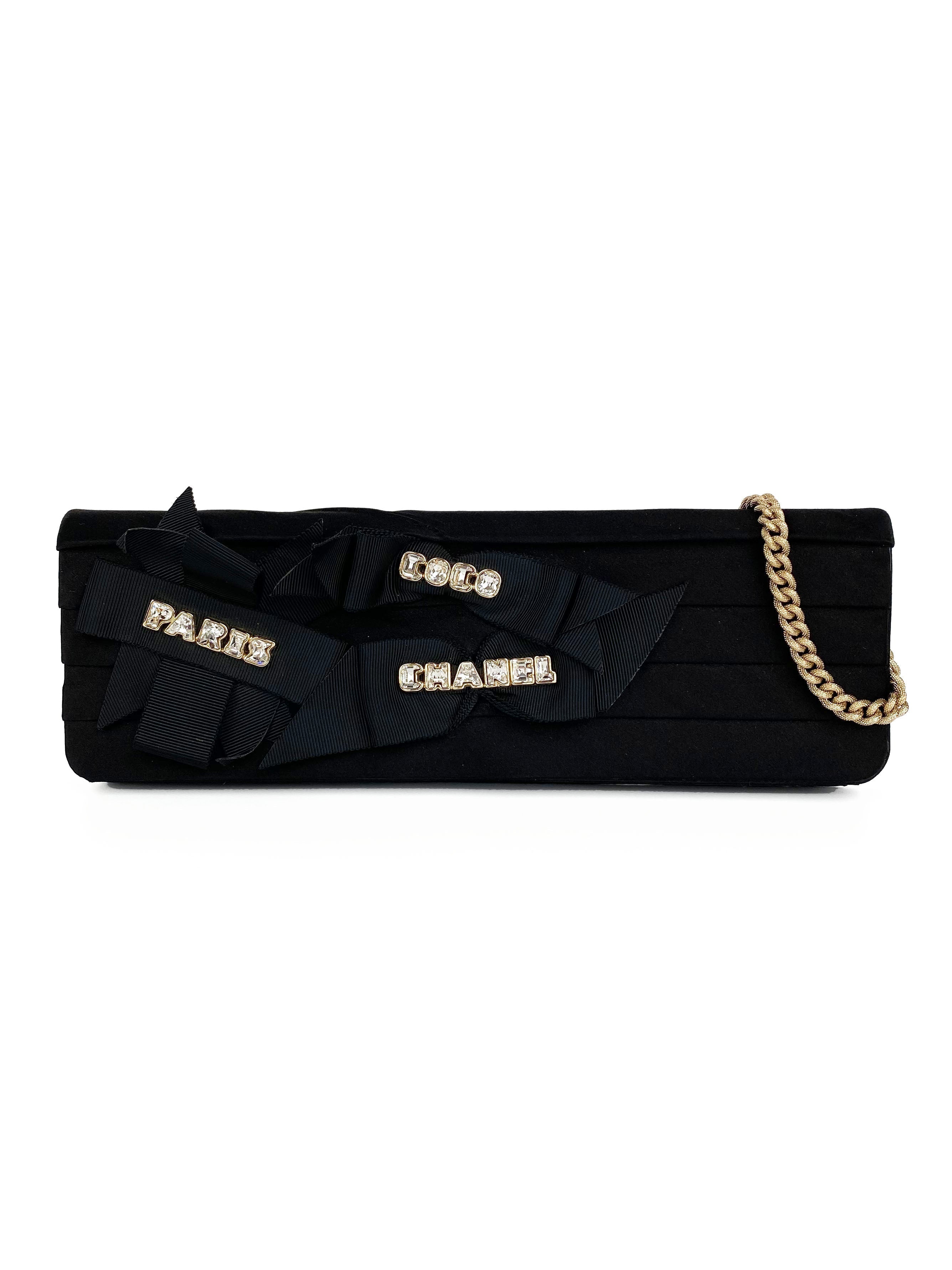 CHNL -  Black Long Satin Chain Clutch