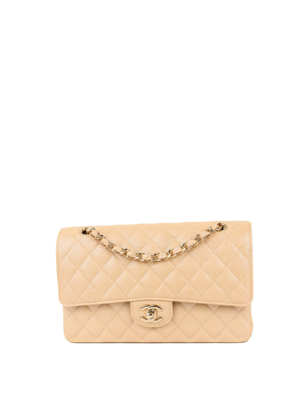 CHNL -  Iridescent Beige Caviar Medium Double Classic Flap LGHW