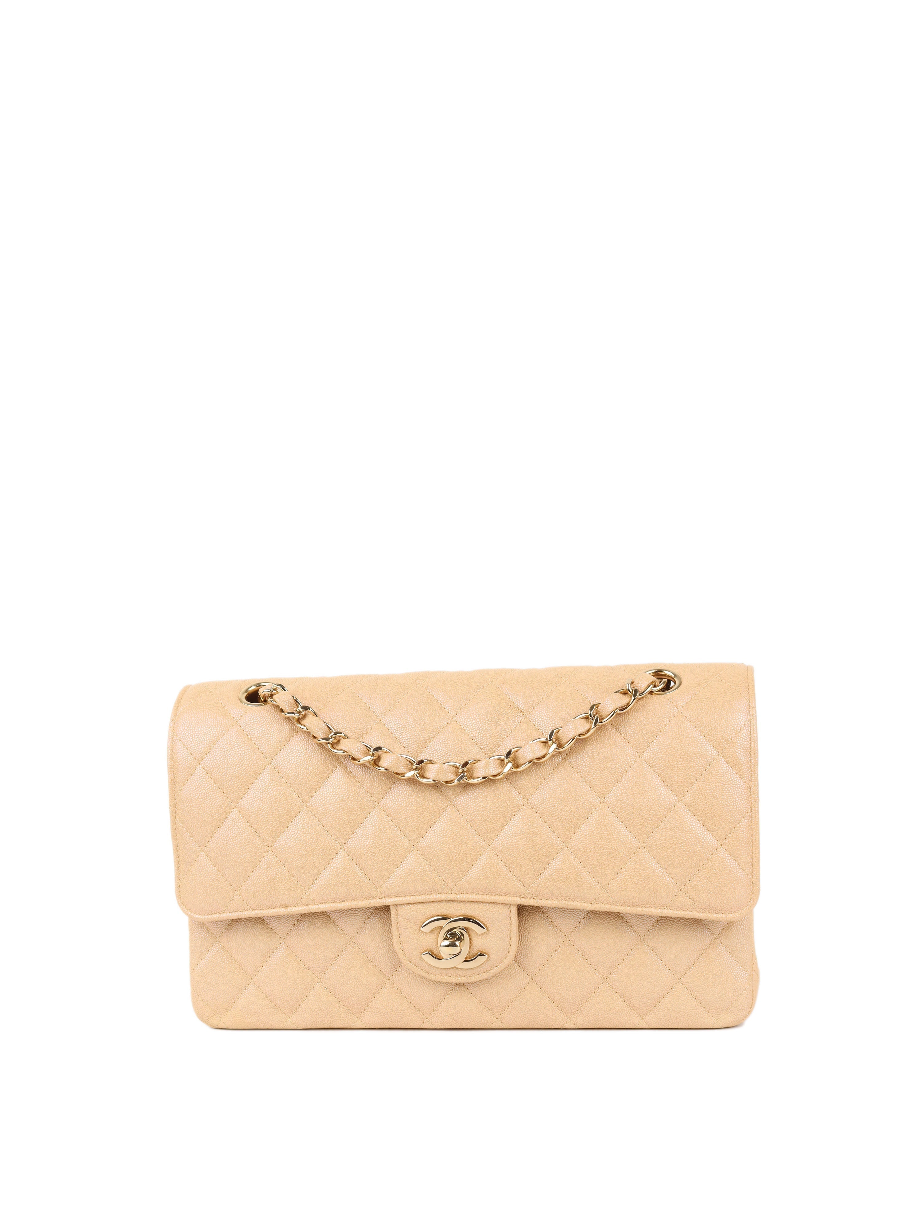 CHNL -  Iridescent Beige Caviar Medium Double Classic Flap LGHW