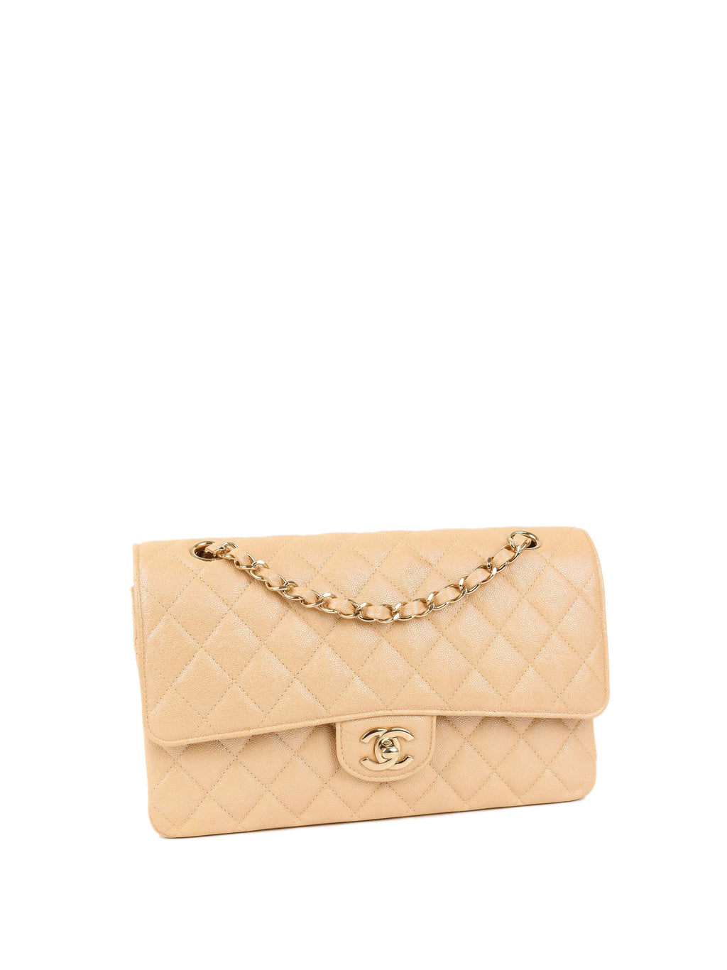 CHNL -  Iridescent Beige Caviar Medium Double Classic Flap LGHW