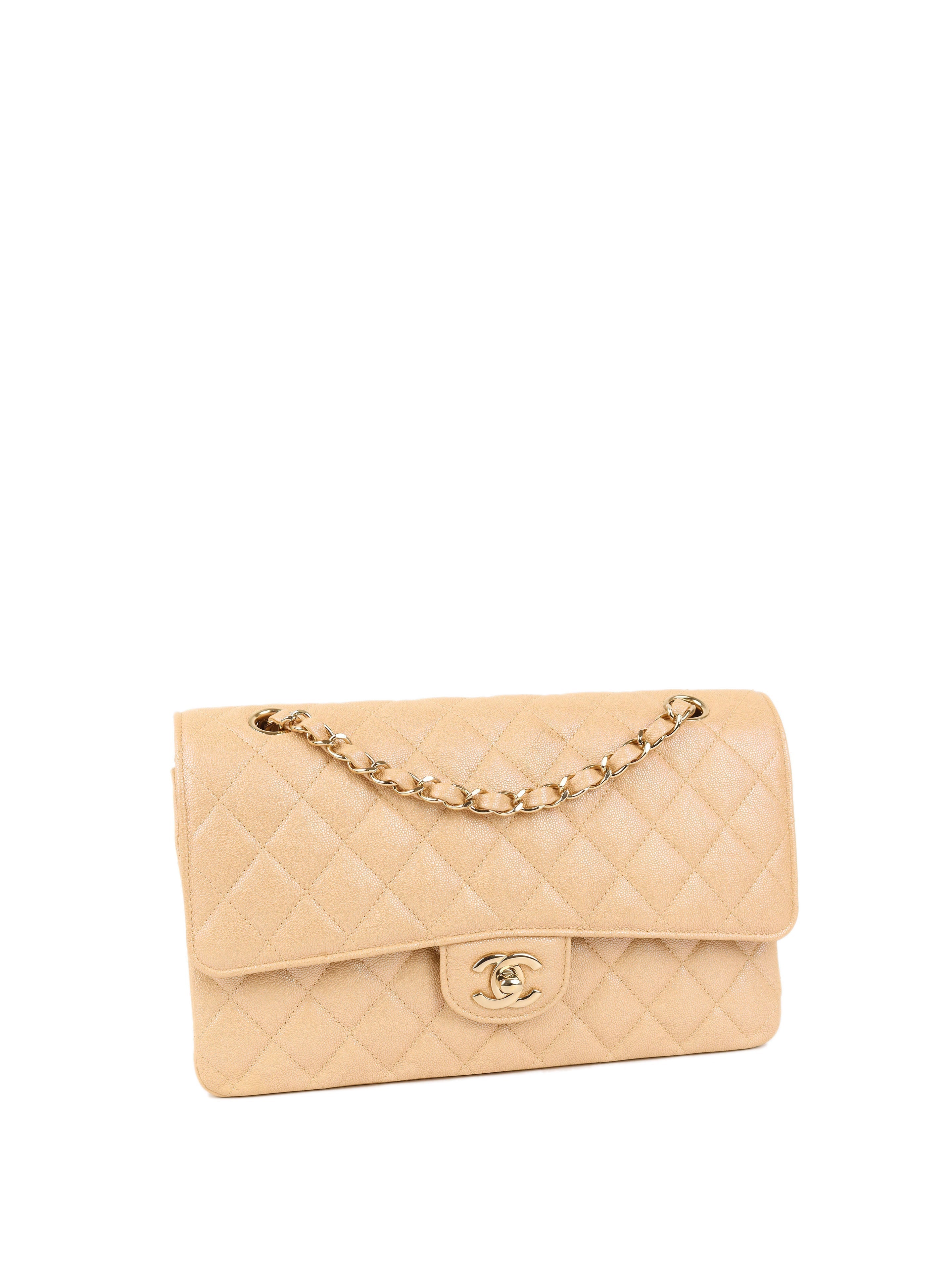 CHNL -  Iridescent Beige Caviar Medium Double Classic Flap LGHW