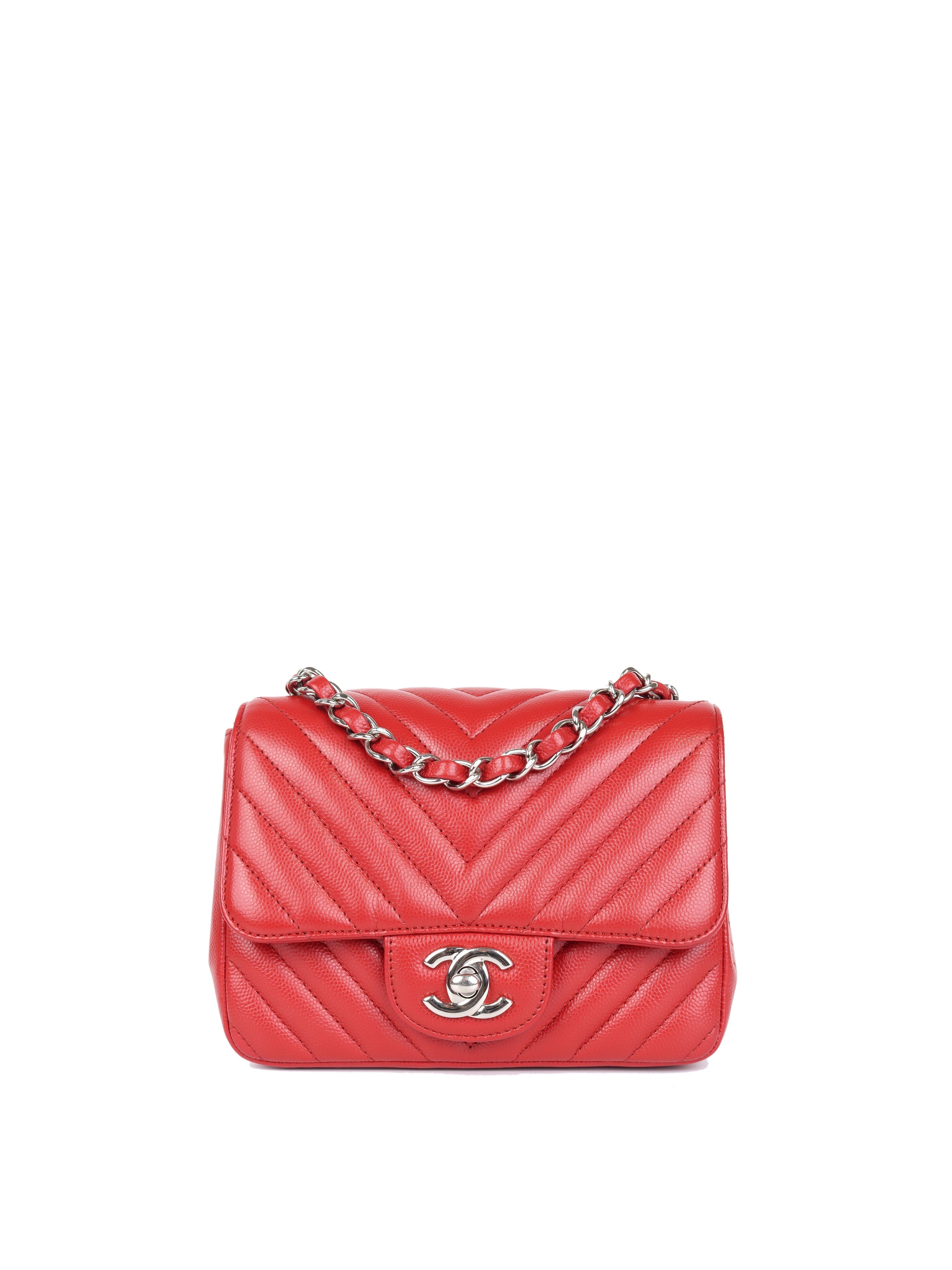 CHNL -  Red Caviar Chevron Mini Square Classic Flap SHW