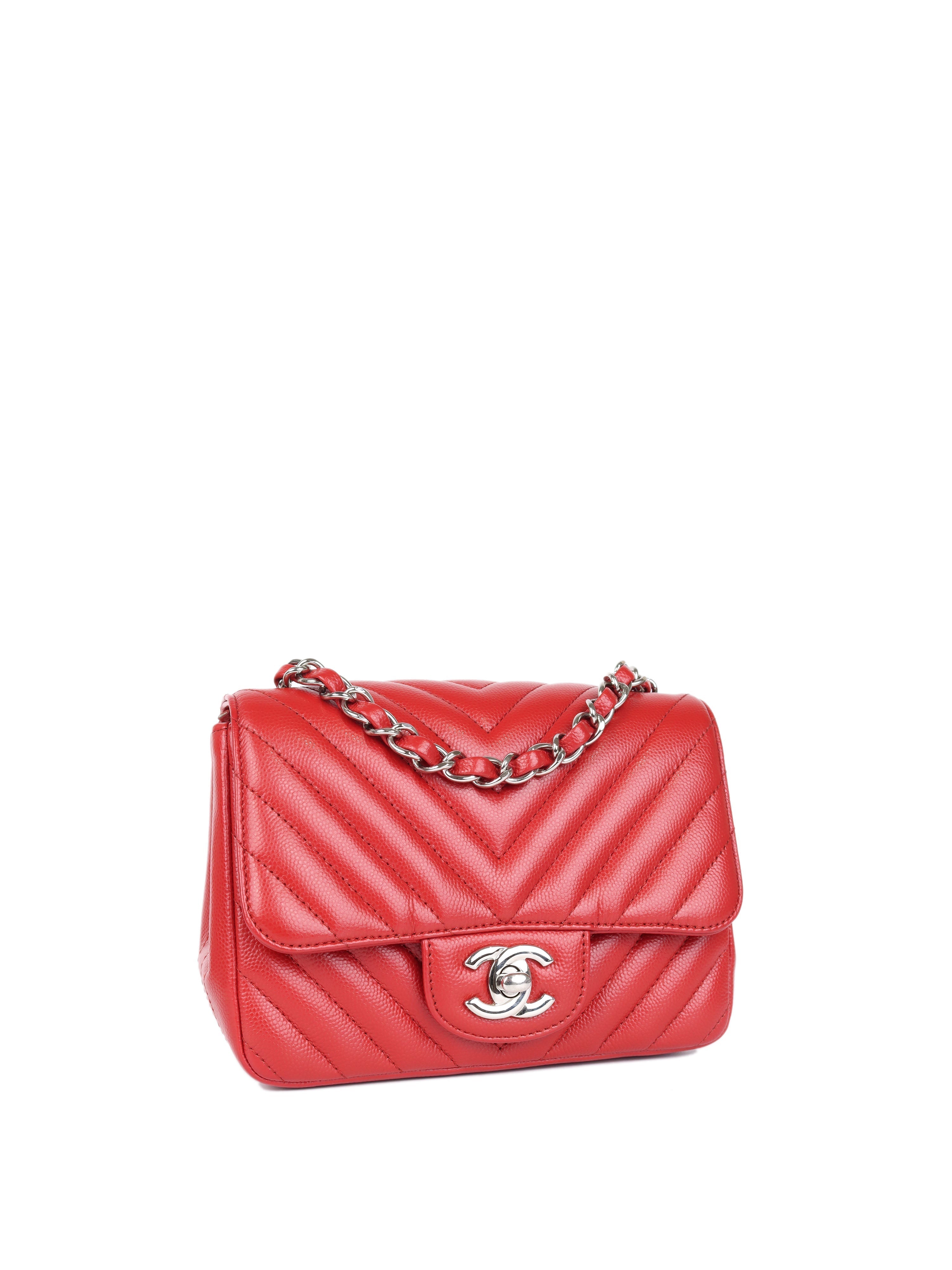 CHNL -  Red Caviar Chevron Mini Square Classic Flap SHW