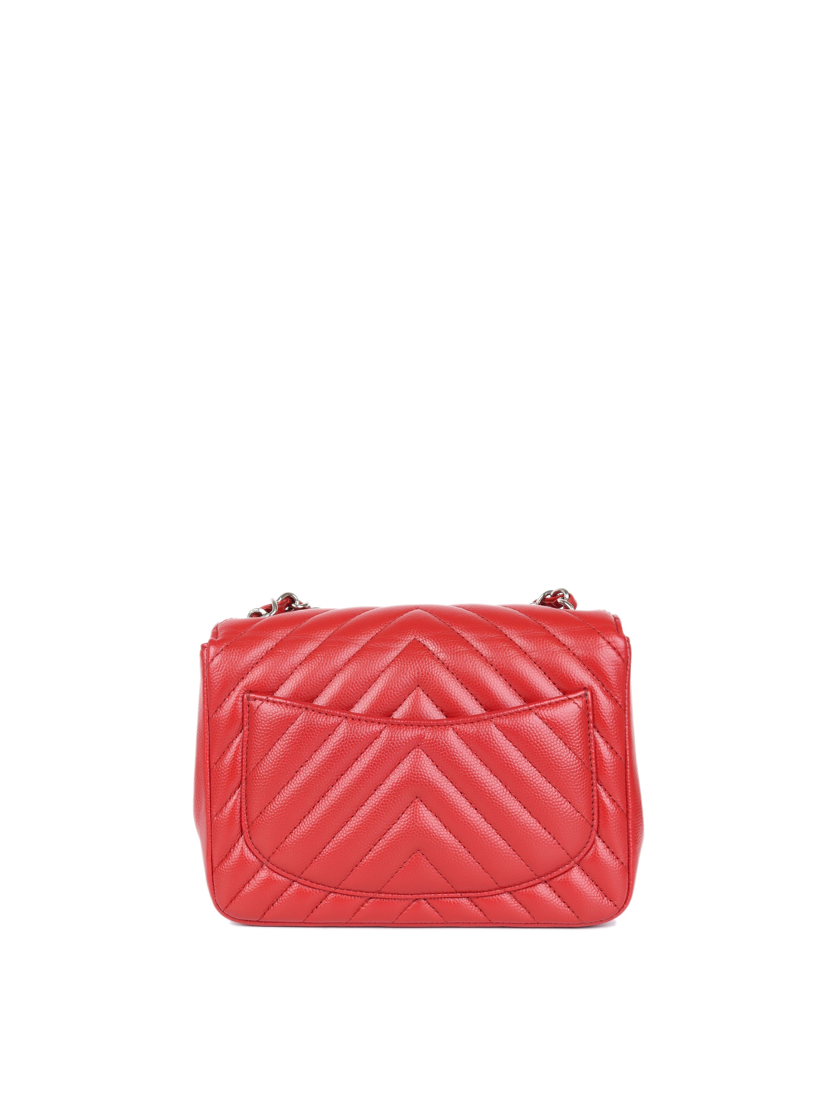 CHNL -  Red Caviar Chevron Mini Square Classic Flap SHW