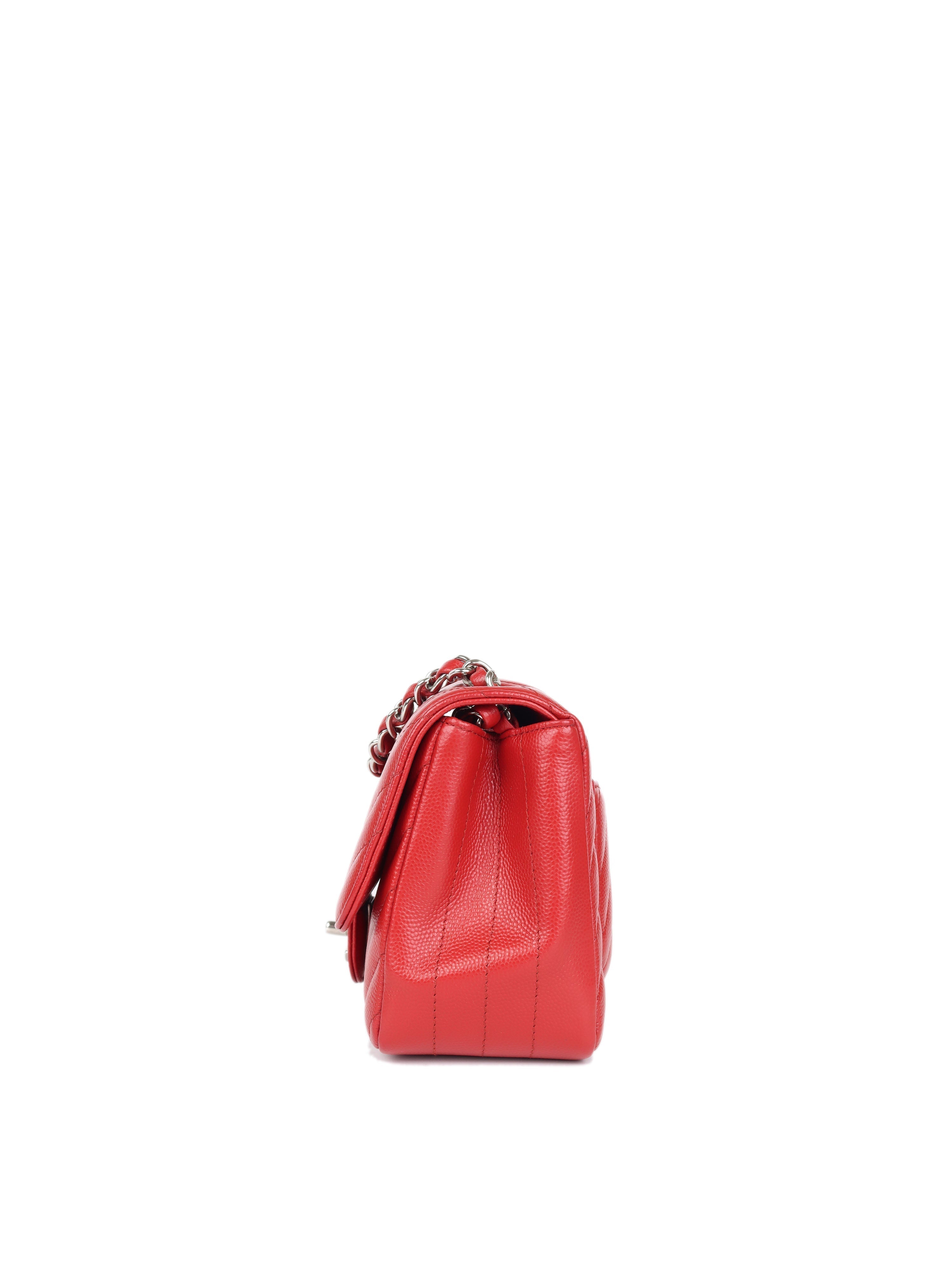 CHNL -  Red Caviar Chevron Mini Square Classic Flap SHW