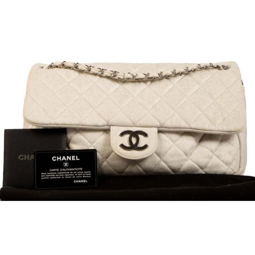 CHNL -  Shimmer Craie White Jersey Classic Flap Bag