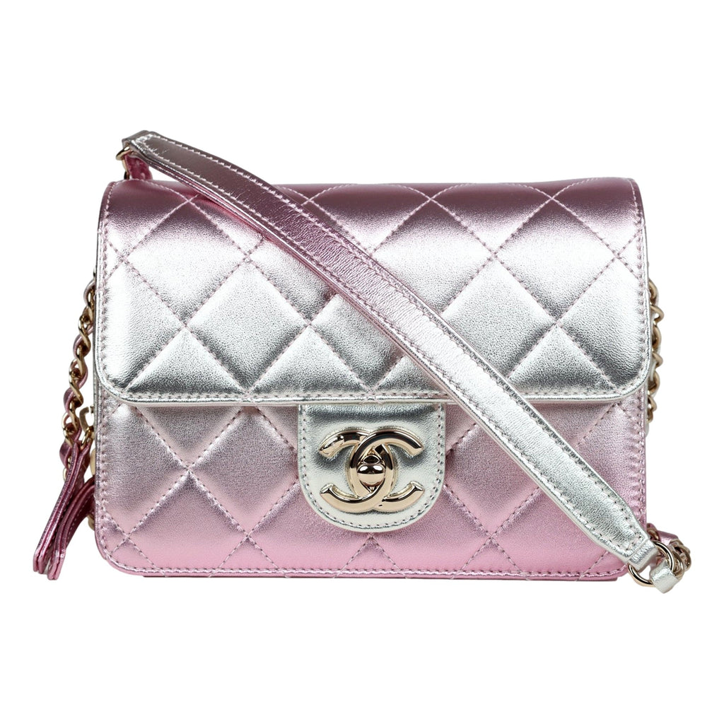 CHNL -  Mini Flap Bag in Iridescent Pink & Silver Metallic Lambskin