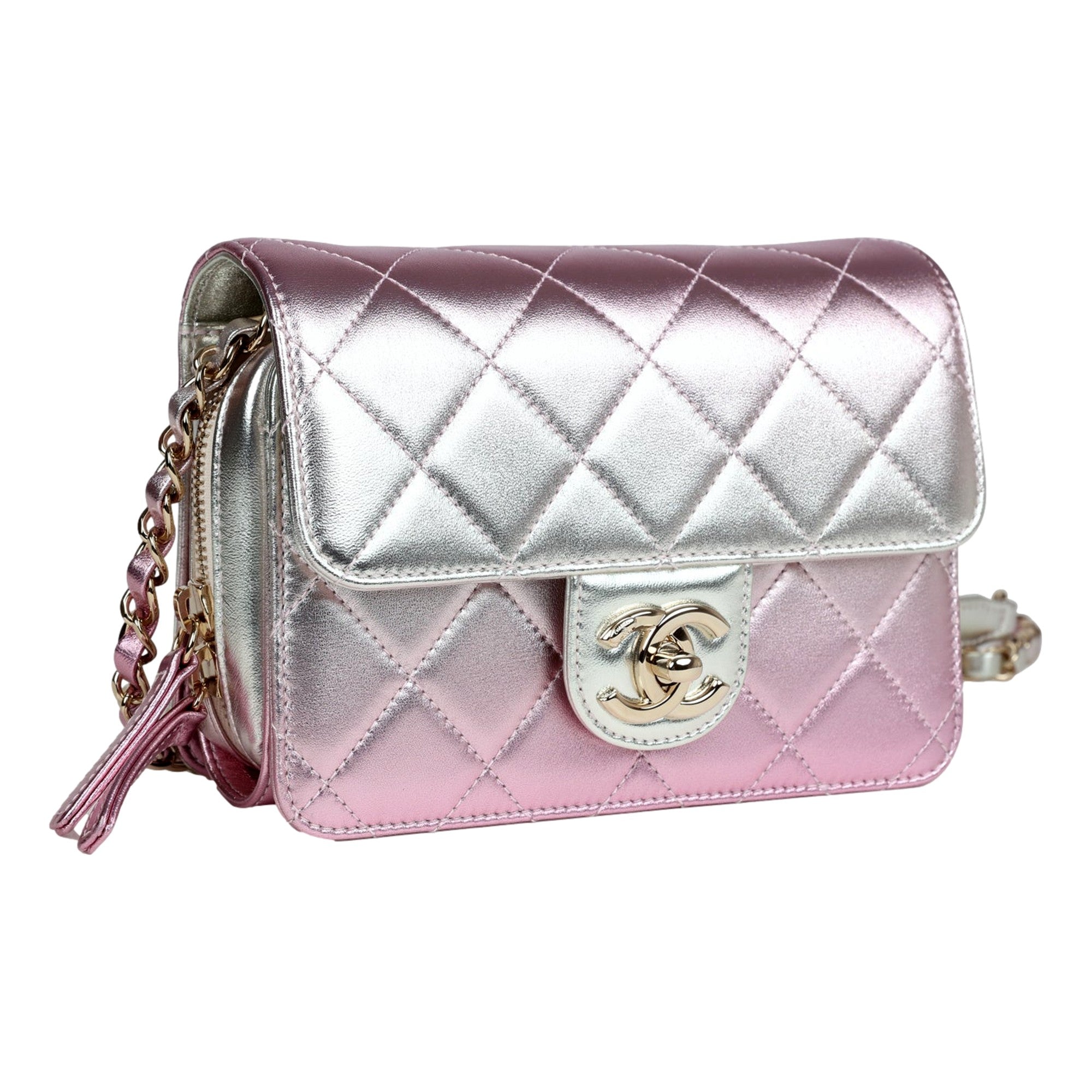 CHNL -  Mini Flap Bag in Iridescent Pink & Silver Metallic Lambskin