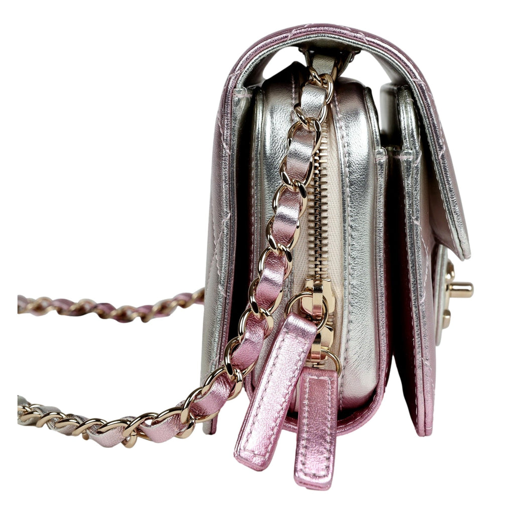 CHNL -  Mini Flap Bag in Iridescent Pink & Silver Metallic Lambskin