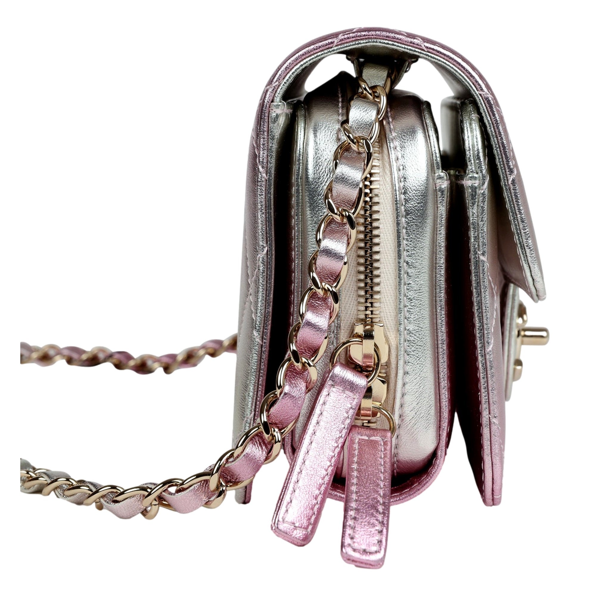 CHNL -  Mini Flap Bag in Iridescent Pink & Silver Metallic Lambskin