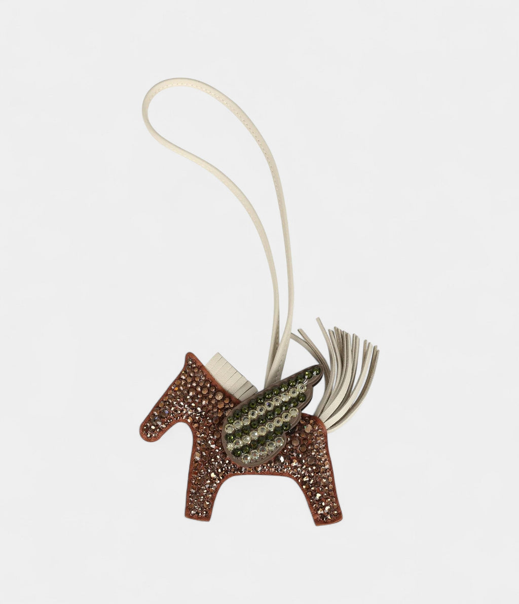 Custom Brown Swarovski Crystal HMBedazzled Pegase Rodeo Bag Charm PM Gold Craie and Etoupe Milo Lambskin