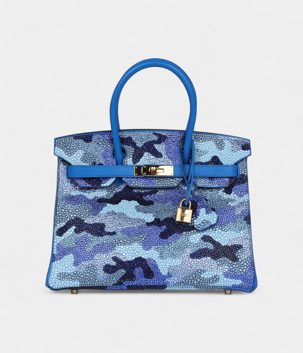 Custom Camouflage Swarovski Crystal  HM BK 30 Bleu Hydra Chevre Gold Hardware