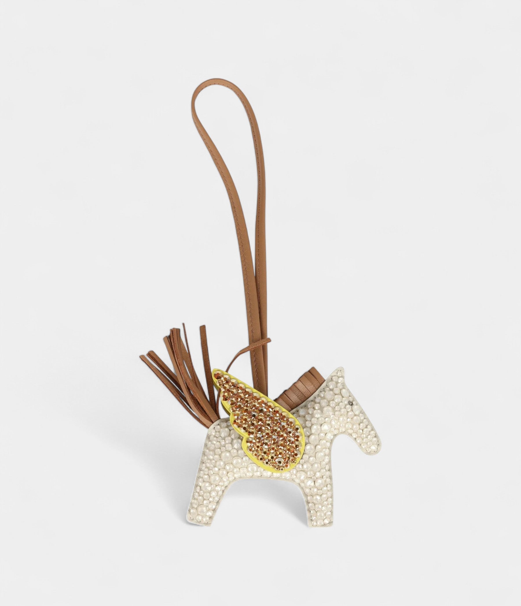 Custom White Swarovski Crystal HMBedazzled Pegase Rodeo Bag Charm PM Craie Lime and Chai Milo Lambskin