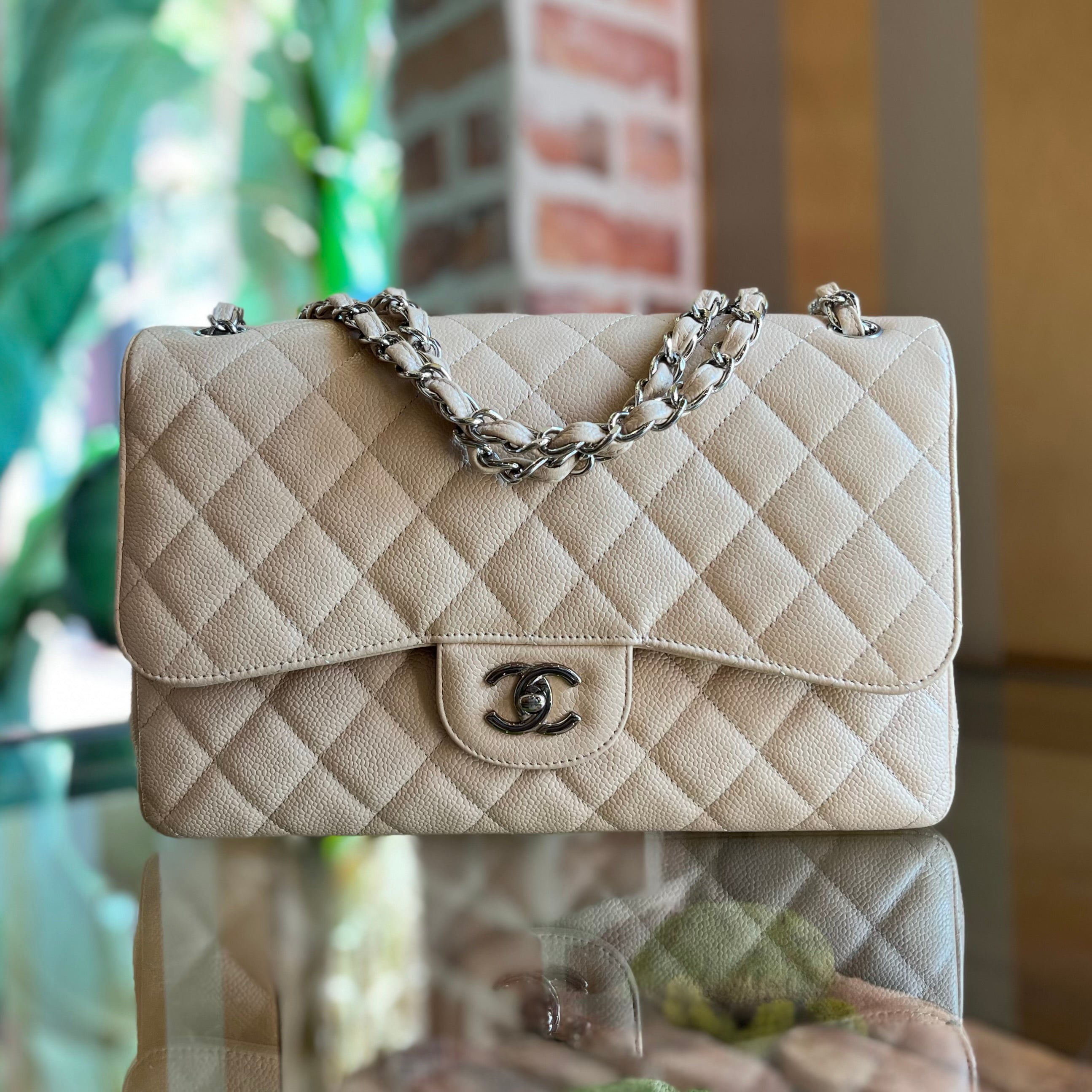 CHL Classic Double Flap Jumbo Beige Quilted Caviar Leather Shoulder Bag