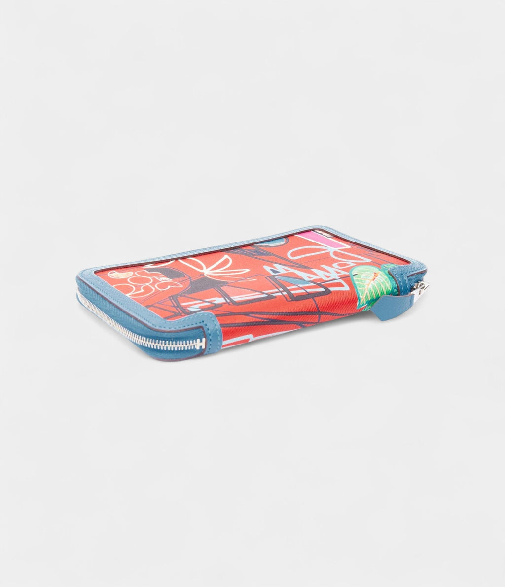 HERMES Azap Red Geometric Print Silk Blue Leather Zip Around Wallet