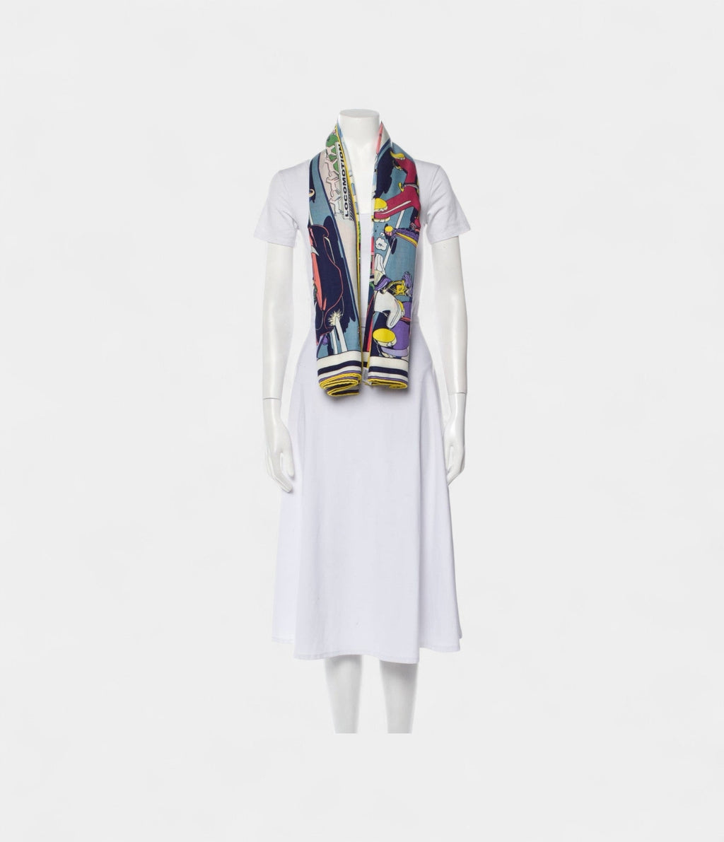 HM140cm Cashmere Shawl in Blue Locomotion Motif