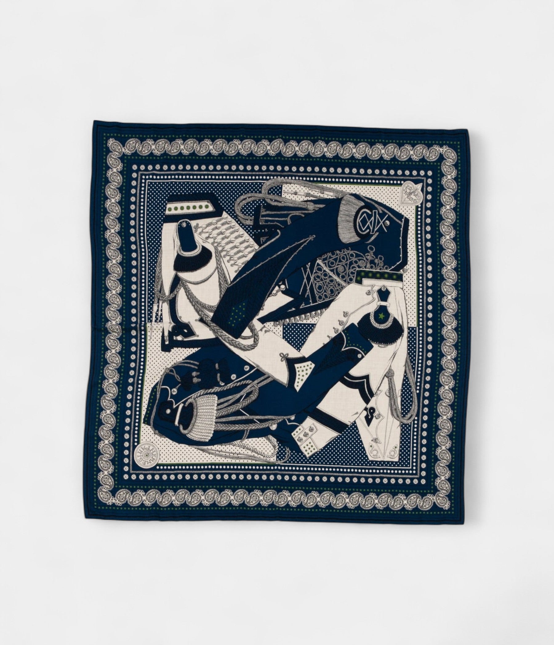 HM140cm Cashmere Shawl in Blue Zouaves and Dragons Motif