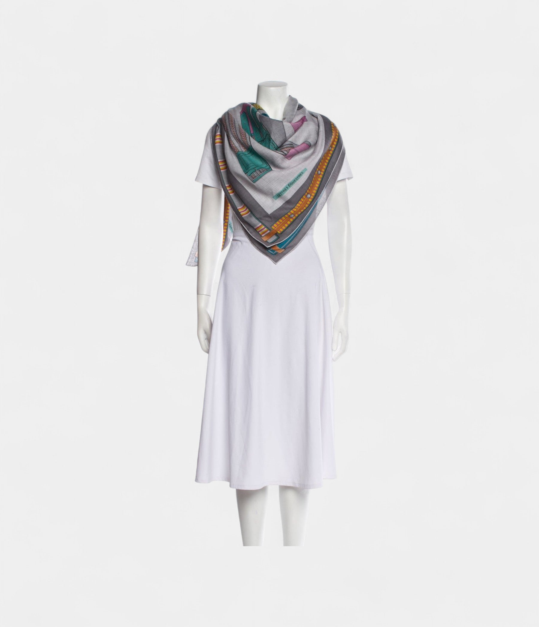 HM140cm Cashmere Shawl in Grey & Equestrian Letters Pattern