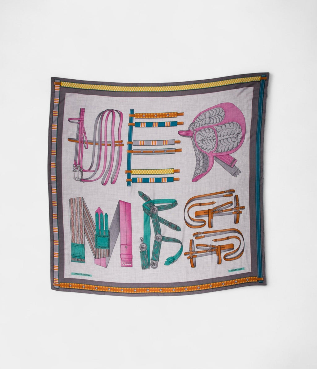HM140cm Cashmere Shawl in Grey & Equestrian Letters Pattern