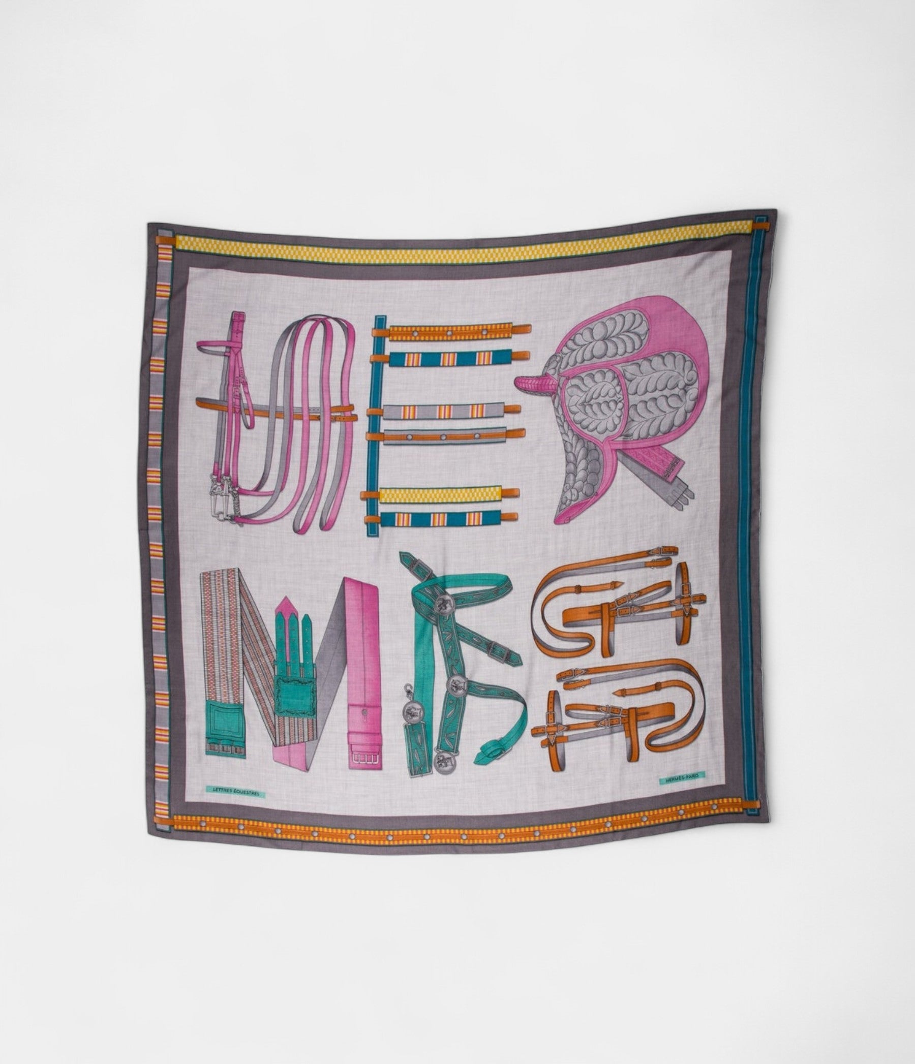 HM140cm Cashmere Shawl in Grey & Equestrian Letters Pattern