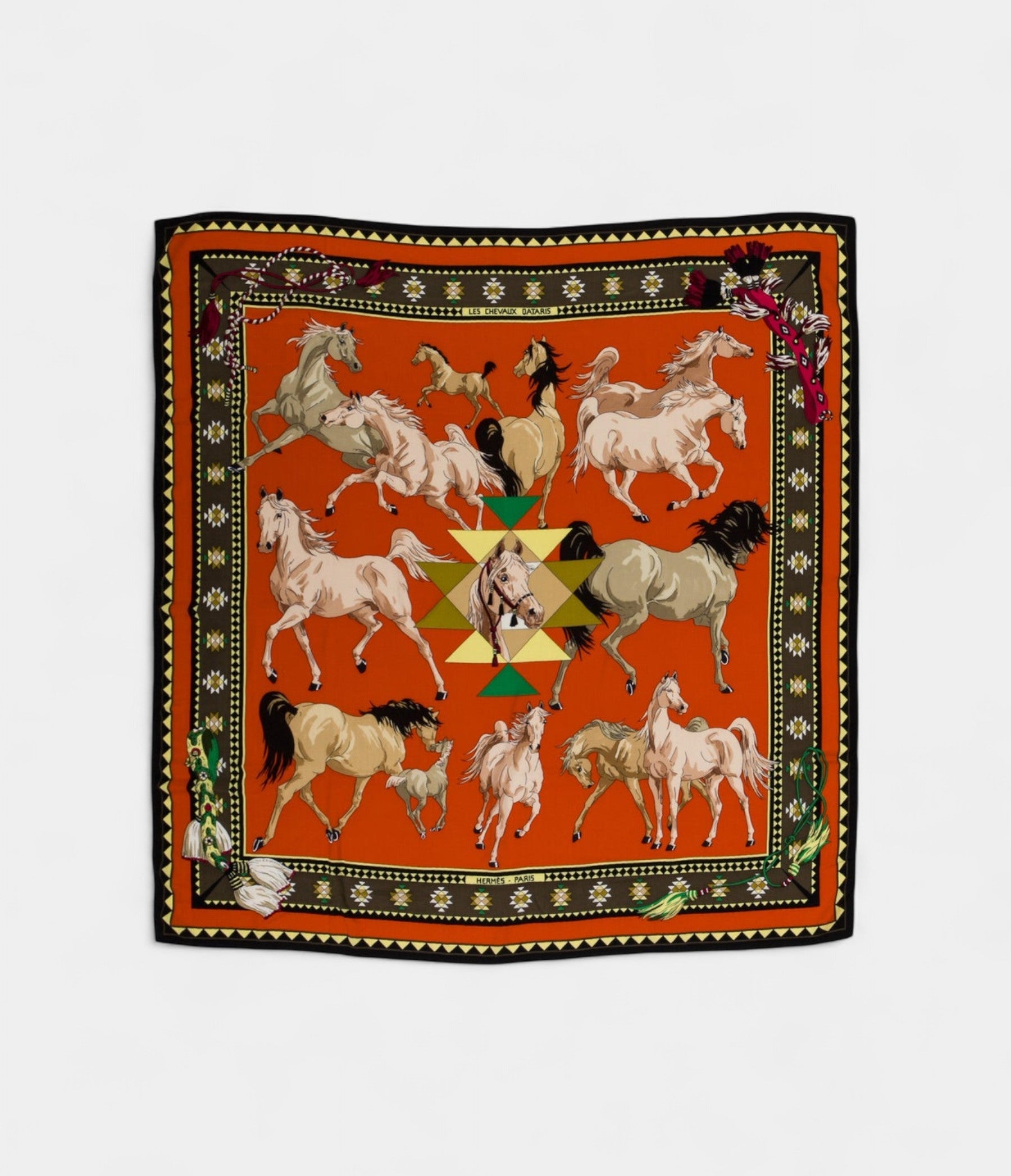 HM140cm Cashmere Shawl in Orange Qatari Horses Motif
