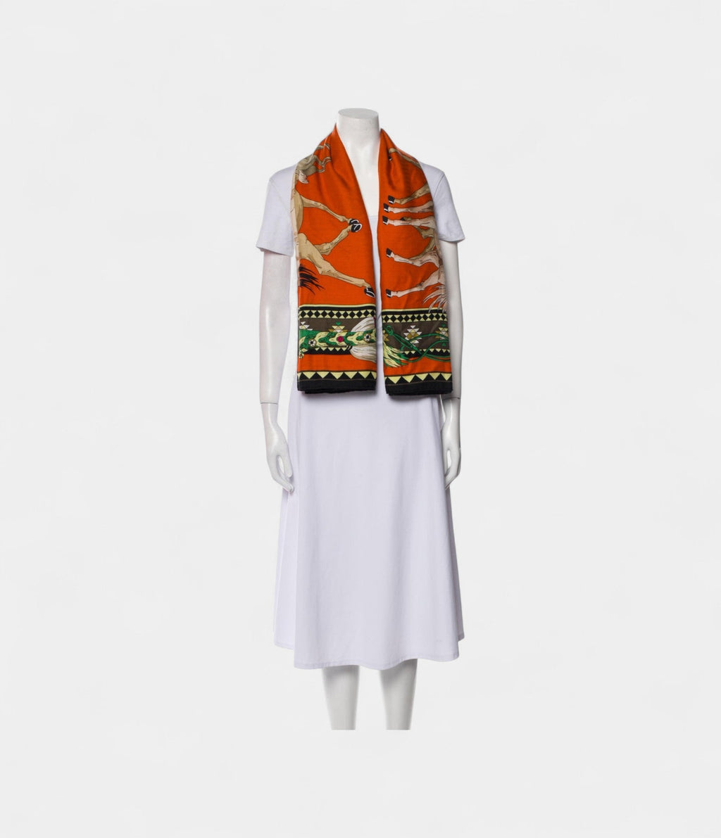 HM140cm Cashmere Shawl in Orange Qatari Horses Motif