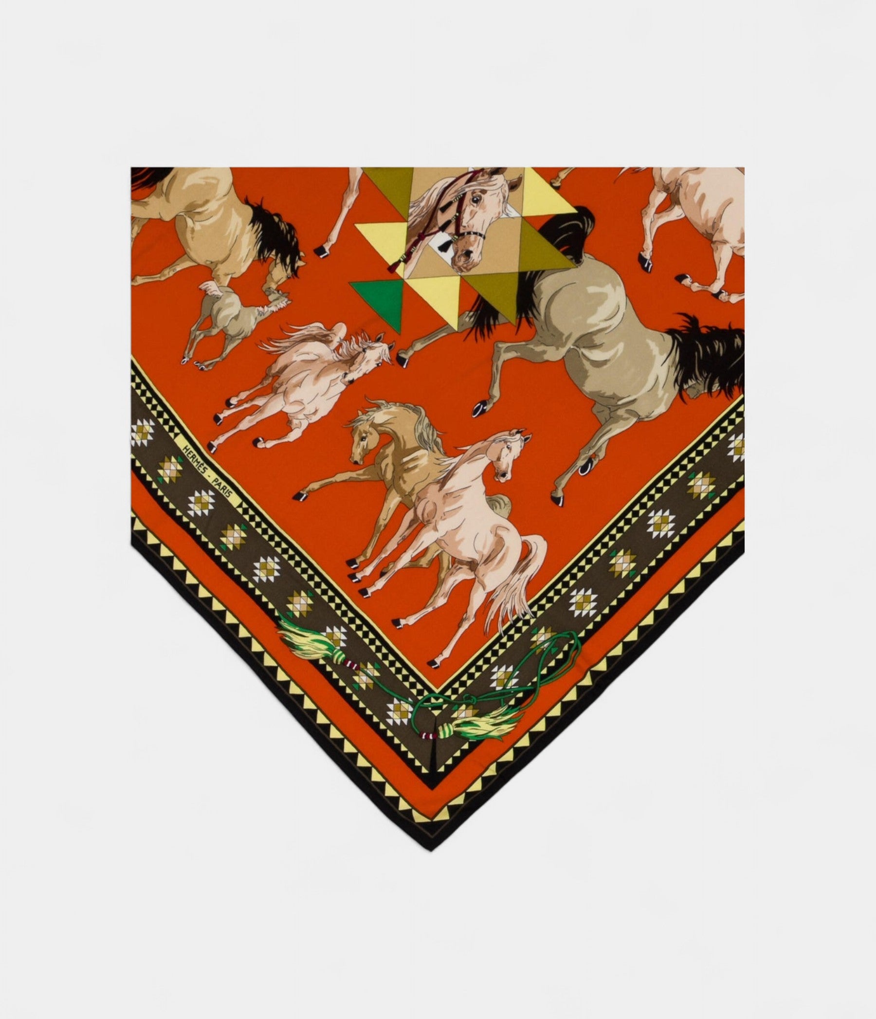 HM140cm Cashmere Shawl in Orange Qatari Horses Motif