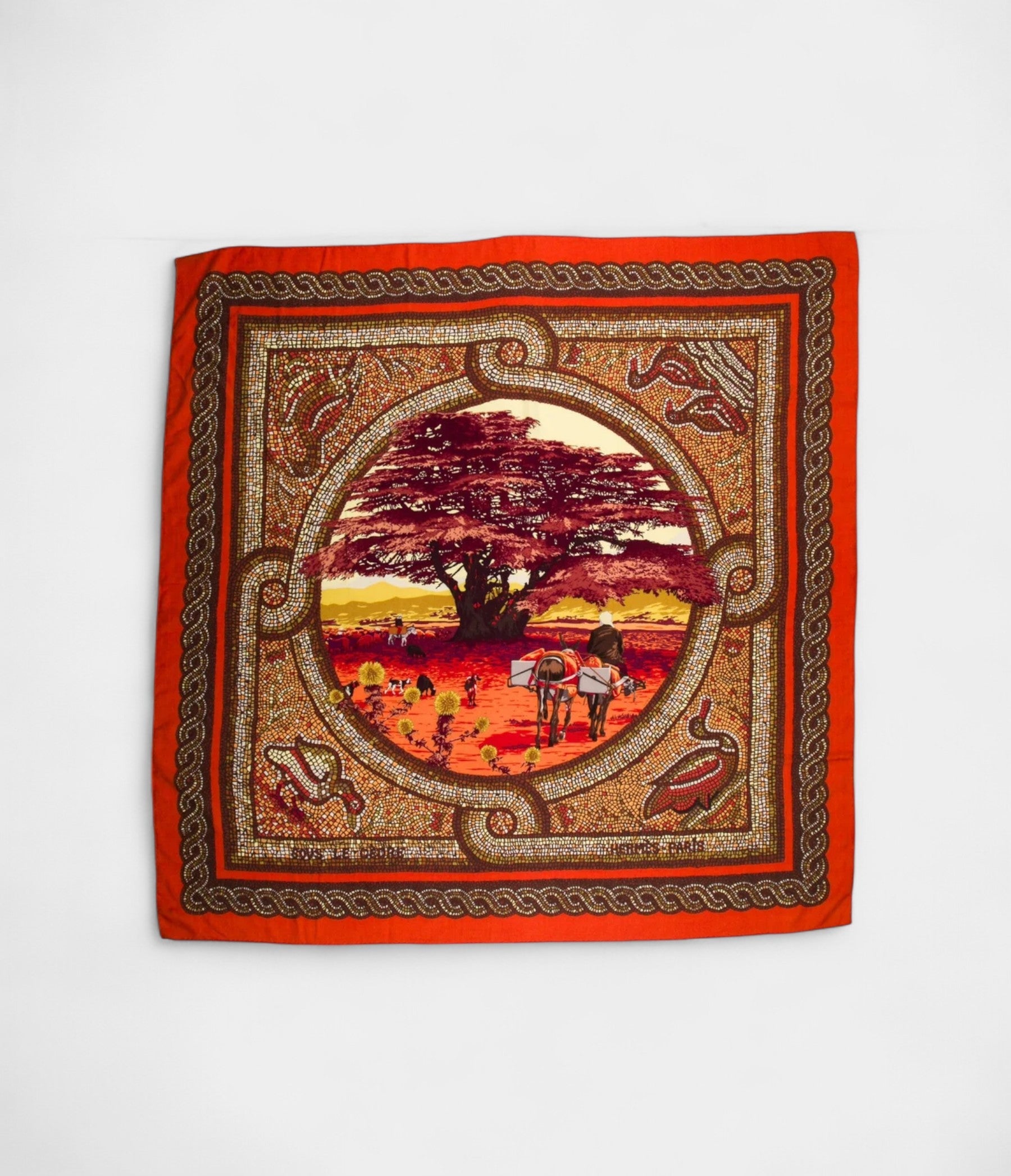 HM140cm Cashmere Shawl in Orange Under the Cedar of Lebanon Pattern
