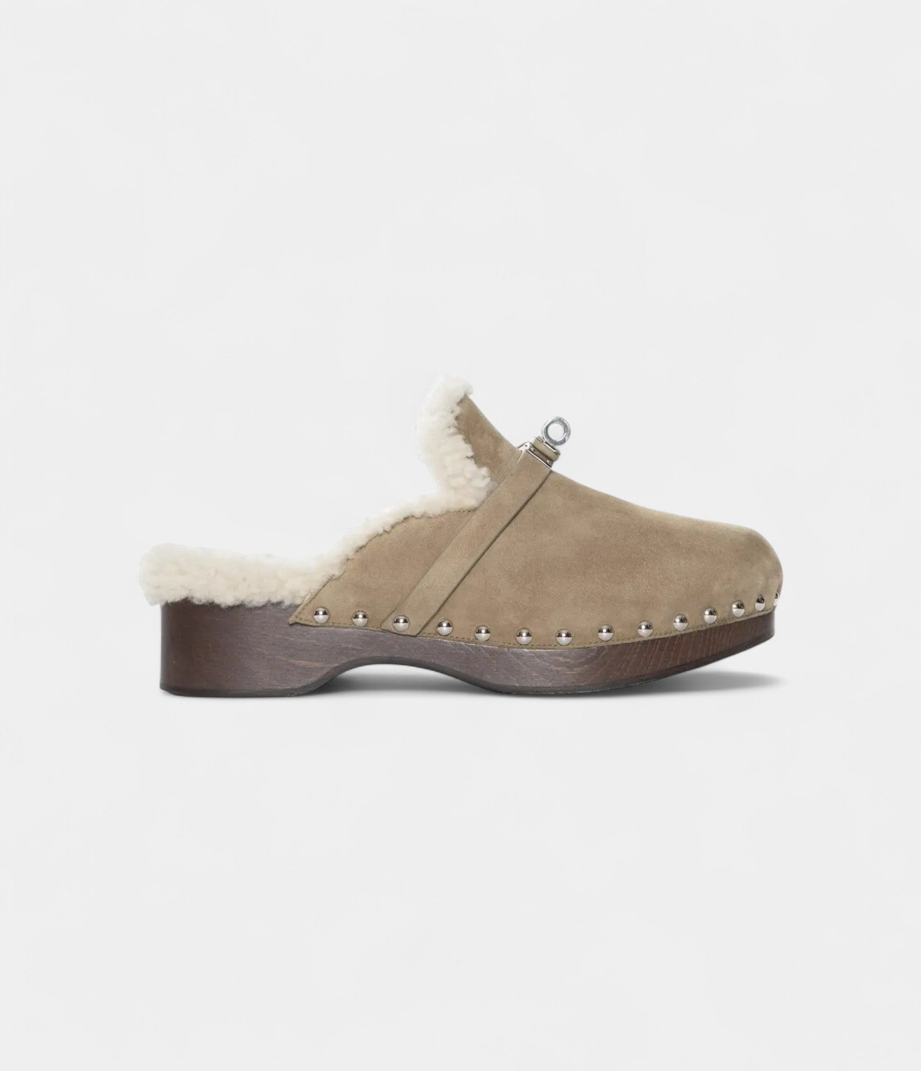 HMShearling-Lined Suede Mules with Studded Wooden Sole