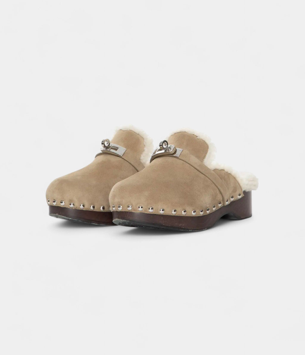 HMShearling-Lined Suede Mules with Studded Wooden Sole