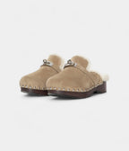 HMShearling-Lined Suede Mules with Studded Wooden Sole